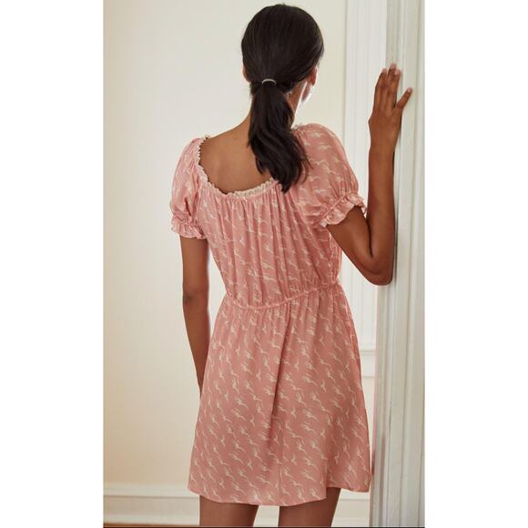 Morgan Lane Ava Mini Silk Dress Peony Pink Blush Printed Bird Motif - Picture 10 of 10